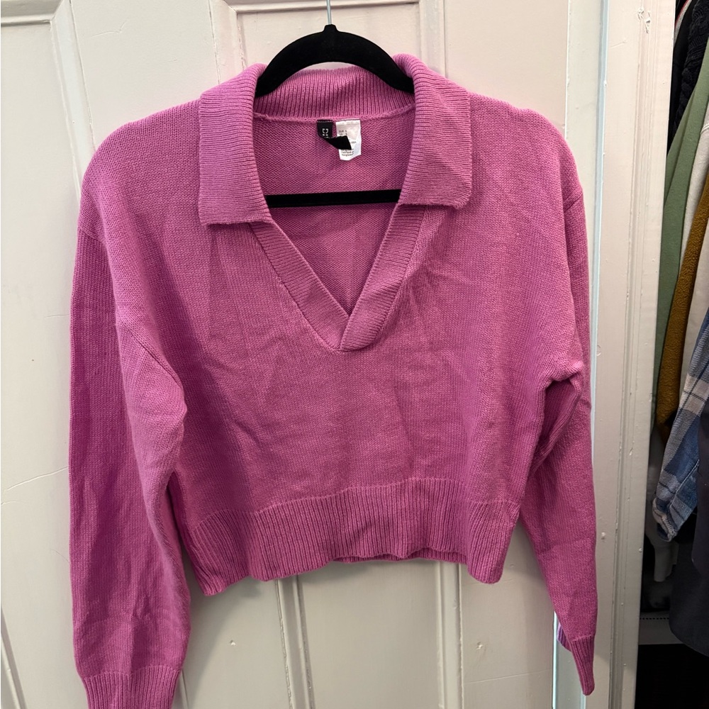 Pink V-Neck Collared Sweater